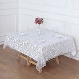 Add Opulence and Allure with the Silver Sequin Leaf Embroidered Tulle Table Overlay